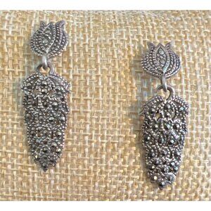 Vtg CW Sterling Silver Marcasite Detailed Drop Dangle Earrings Art Deco Estate